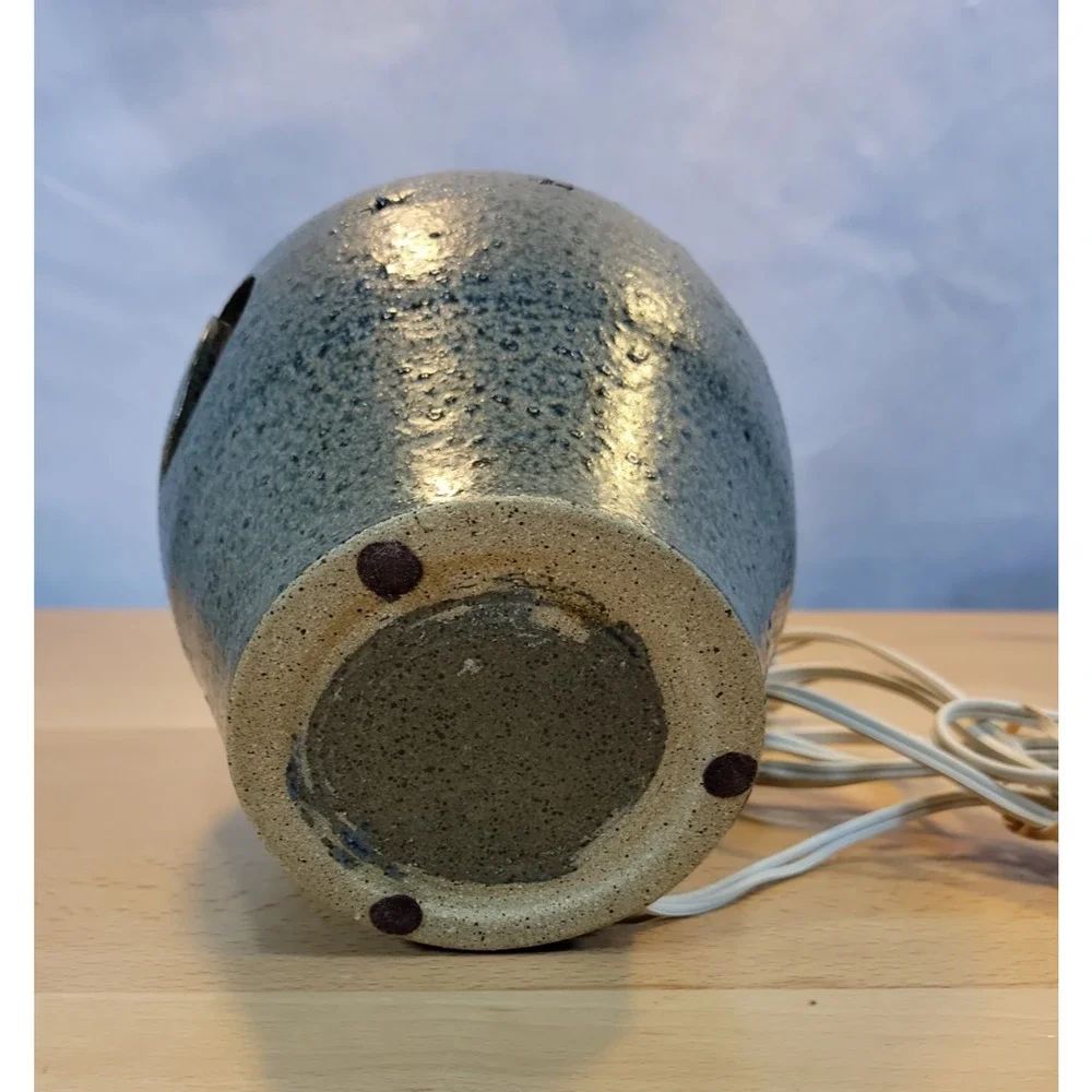 Hand Made Pottery Night Light Moon Stars Electric blue grey 7.5” tall